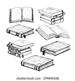 Colección de libros. Conjunto de ilustraciones gráficas dibujadas a mano