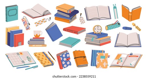 Buchsammlung. Stack von offenen, verschlossenen Tagebuch-Tagebuch-Wörterbuchplanern mit Lesezeichen, Cartoon-Literatur. Vektorfarbige Kollektion von Notebook-Papier, Seite der Buchgrafik