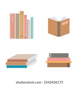 Ilustración vectorial de colección de libros sobre fondo blanco. Libros de texto para la educación. Libros abiertos y cerrados. Pilas de libros.