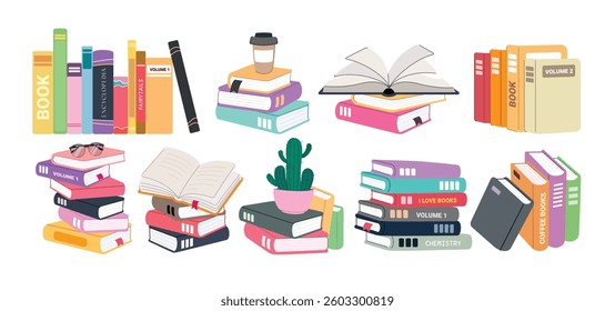 Books colorful drawing clipart set. School textbook elements clip art in open and closed page learning information for educational library flat drawing collection vector illustration.
