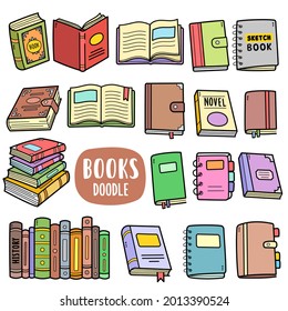 Books, colorful graphics elements and illustrations. Book types vector art such as old thick book, sketch book, novel, journal, diary are included in this doodle cartoon set.