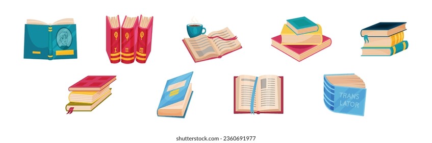 Books in Colorful Hard Cover with Pages Vector Set