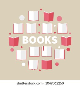 Books colorful round illustration. Vector creative circular symbol made of flat red book icons