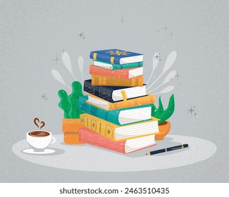 Libros en una columna, pila de libros y taza de café, Ilustración vectorial. Elegante ilustración de Biblioteca granulada.