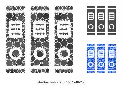 Books composition of filled circles in various sizes and color tints, based on books icon. Vector filled circles are grouped into blue illustration. Dotted books icon in usual and blue versions.