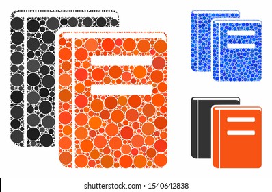 Books composition of round dots in variable sizes and color tints, based on books icon. Vector dots are united into blue composition. Dotted books icon in usual and blue versions.