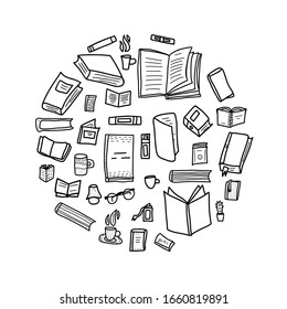 Books composition. Roundemblem with symbols of reading isolated on ehite background. Circle logo with learning and education sketch signs. Vector doodle illustration.