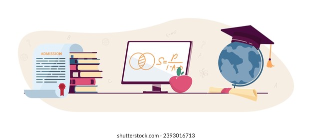 Books, computer with formula, globe with graduation cap. Vector illustration. Admission letter, passing entrance exam. Graduation, academic achievements, education concept