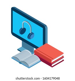 books and computer with headphones on screen over white background, vector illustration