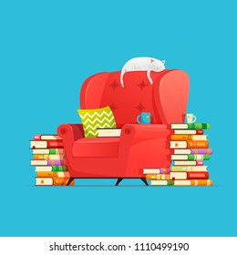 Books concept. Living room furniture armchair with books and cat character lying and resting on armchair. Cat dreaming. Interior element of home library. Illustration reading books, hobbies book lover