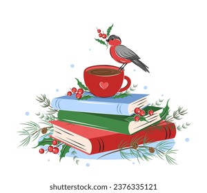 Libros, café, pájaro con bayas y decoraciones.  Ilustración vectorial para un fondo de Año Nuevo y Navidad
