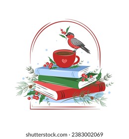 Books, cup coffee, bird with berries and decorations.  Vector illustration for a New Year and Christmas background
