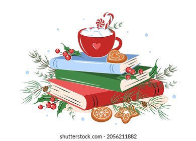 Books, cup coffee or cocoa with winter leaves and cookies on white background.  Vector illustration for a New Year and Christmas background
