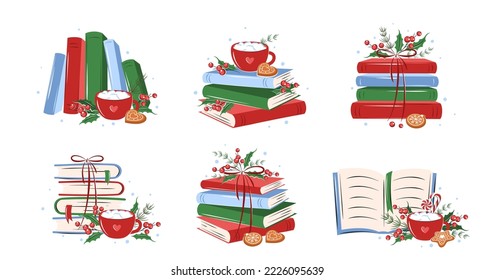 Books, cup coffee or cocoa with winter leaves, berries, cookies and sweets. Set of reading elements for  bookshop, library, bookstore or education. Vector illustration on white background
