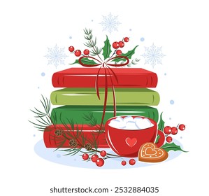 Books, cup coffee or cocoa with winter leaves, berries, cookies and sweets for bookshop, library, bookstore. Vector illustration for a New Year and Christmas background 
