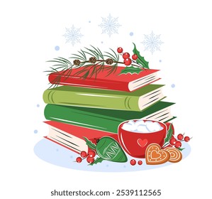 Books, cup coffee or cocoa with winter leaves, berries, cookies and sweets for bookshop, library, bookstore. Vector illustration for a New Year and Christmas background 
