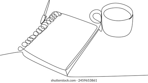 Books with a cup of coffee at the desk linear drawing. Writing a draft business concept. Modern design one line drawing vector graphic illustration