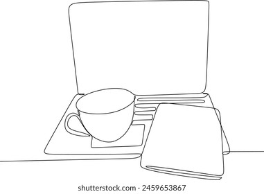 Books with a cup of coffee at the desk linear drawing. Writing a draft business concept. Modern design one line drawing vector graphic illustration