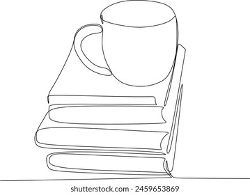 Books with a cup of coffee at the desk linear drawing. Writing a draft business concept. Modern design one line drawing vector graphic illustration