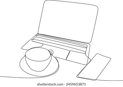 Books with a cup of coffee at the desk linear drawing. Writing a draft business concept. Modern design one line drawing vector graphic illustration