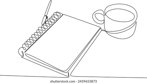 Books with a cup of coffee at the desk linear drawing. Writing a draft business concept. Modern design one line drawing vector graphic illustration