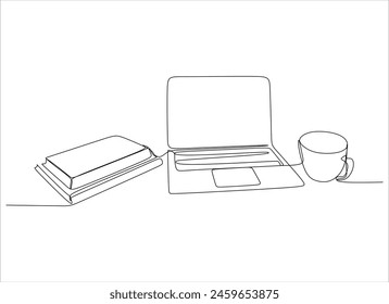 Books with a cup of coffee at the desk linear drawing. Writing a draft business concept. Modern design one line drawing vector graphic illustration