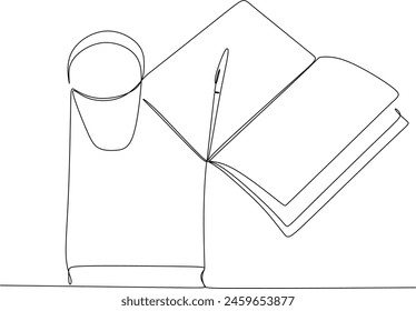 Books with a cup of coffee at the desk linear drawing. Writing a draft business concept. Modern design one line drawing vector graphic illustration