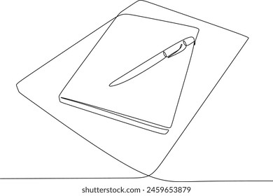 Books with a cup of coffee at the desk linear drawing. Writing a draft business concept. Modern design one line drawing vector graphic illustration