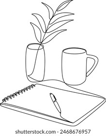 Books with a cup of coffee at the desk linear drawing. Writing a draft business concept. Modern design one line drawing vector graphic illustration