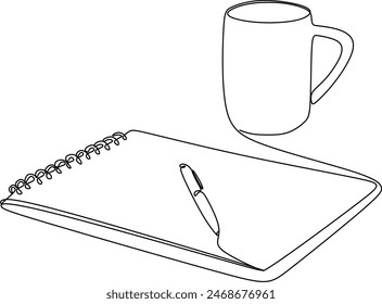 Books with a cup of coffee at the desk linear drawing. Writing a draft business concept. Modern design one line drawing vector graphic illustration