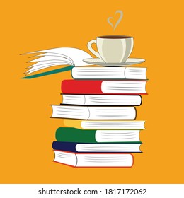 books and a cup of coffee with a heart shape smoke study education passion vector illustration