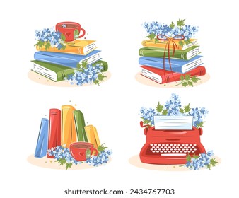 Books, cup coffee with spring flowers. Set of reading elements for  bookshop, library, bookstore or education. Vector illustration on white background