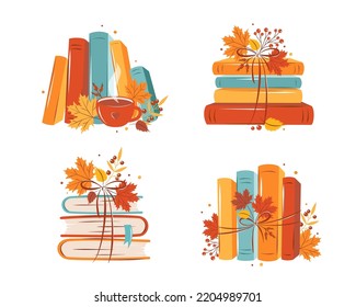 Books, cup coffee or tea with autumn bright leaves. Set of reading elements for  bookshop, library, bookstore or education. Vector illustration on white background
