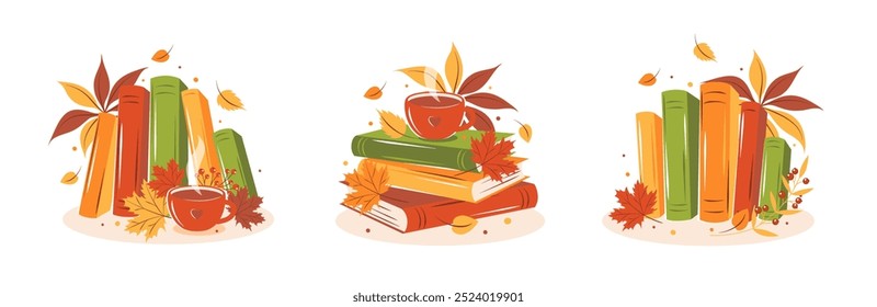 Books, cup coffee or tea with autumn leaves. Set of reading elements for  bookshop, library, bookstore or education. Vector illustration on white background
