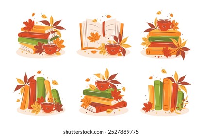 Books, cup coffee or tea with autumn leaves. Set of reading elements for  bookshop, library, bookstore or education. Vector illustration on white background
