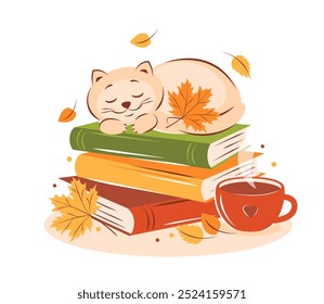 Libros, taza de café o té, lindo gato con hojas de otoño. Ilustración vectorial para librería, Biblioteca, librería, tarjeta, cubierta.