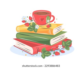 Books, cup coffee or tea with with flowers and strawberries on white background.  Design for summer greeting card for library or bookstore. Vector illustration