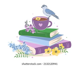 Books, cup coffee or tea with spring bright flowers, bird on white background.  Design for spring greeting card. Vector illustration
