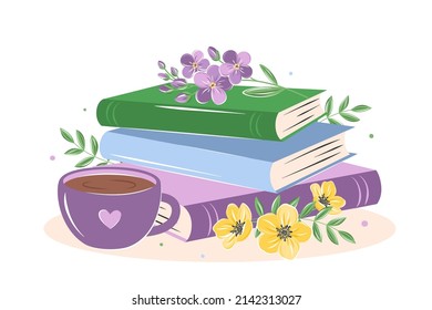 Libros, café o té con flores brillantes de primavera sobre fondo blanco.  Diseño para la tarjeta de saludo de primavera. Ilustración del vector
