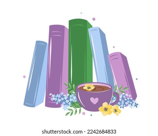 Books, cup coffee or tea with spring bright flowers on white background.  Design for spring greeting card. Vector illustration
