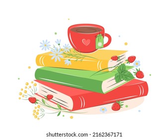 Books, cup coffee or tea with strawberries and summer flowers on white background.  Design for summer greeting card. Vector illustration
