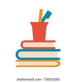 books with cup pencils pen office icon image 