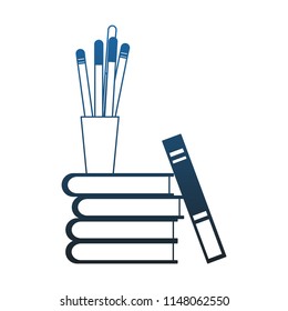 Books and cup with pens in blue lines