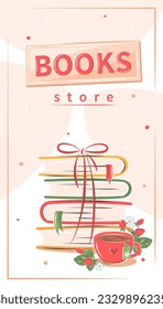 Books, cup tea with flowers and strawberries. Summer layout design for bookstore, bookshop or library. Vector illustration