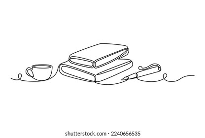 Books, a cup of tea and a pen drawn in outline - study concept