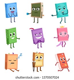 Books cute characters set. School books with different traits and emotions. Funny cartoon character. Isolated vector illustration
