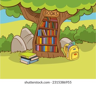 Books day, outdoor library for smart animals. Book reader, cute woodland life and back to school classy vector scene