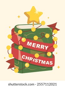 A books decorate with light for christmas tree. Merry Christmas and Happy New Year decoration, greeting card, poster, holiday design.