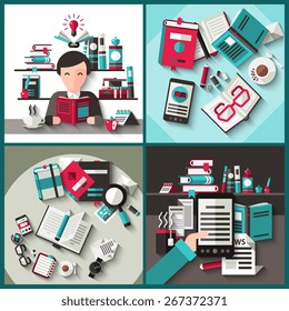 Books design concept set with reading education and literature flat icons isolated vector illustration