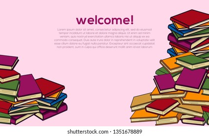 A lot of Books designs. stack of books designs for backgound, landing page, banner, poster.